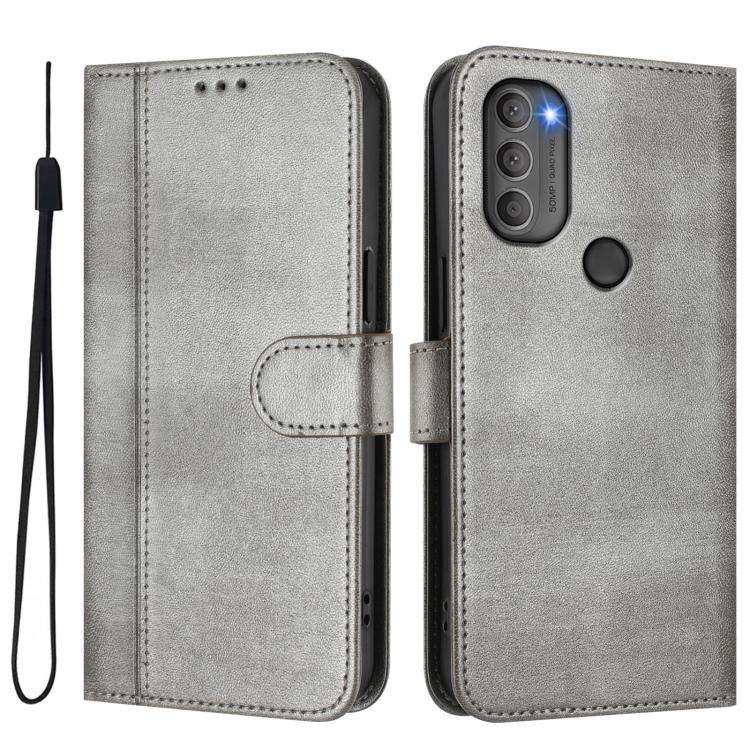 For Motorola Moto G71 5G Line Splicing Buckle Retro Leather Phone Case(Grey)