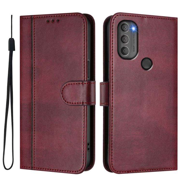 For Motorola Moto G71 5G Line Splicing Buckle Retro Leather Phone Case(Wine Red)