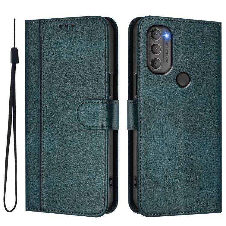 For Motorola Moto G71 5G Line Splicing Buckle Retro Leather Phone Case(Dark Green)