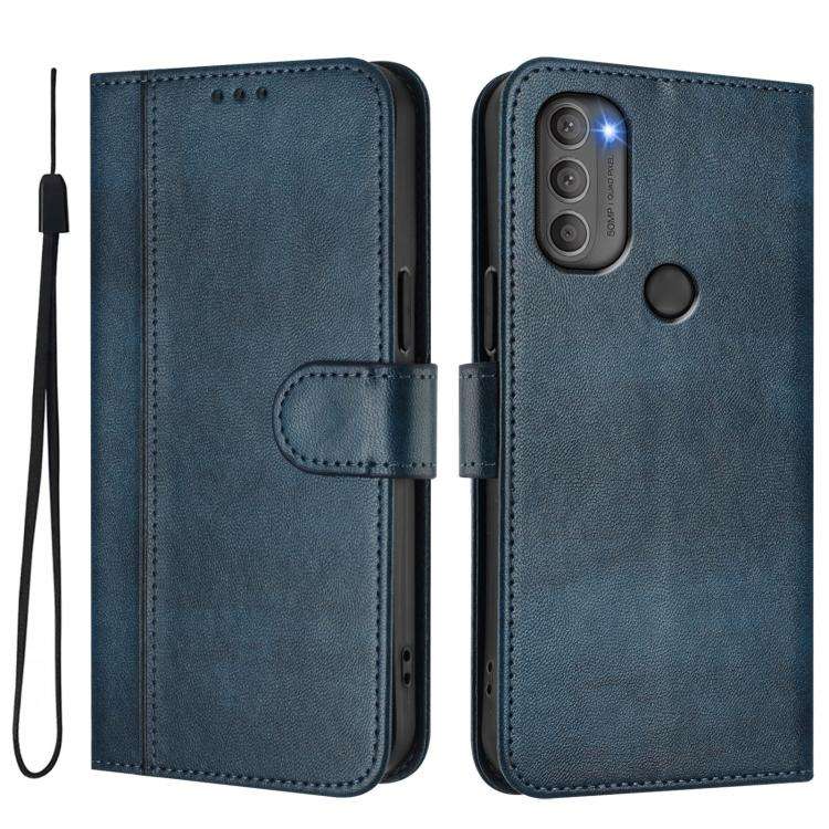 For Motorola Moto G71 5G Line Splicing Buckle Retro Leather Phone Case(Dark Blue)