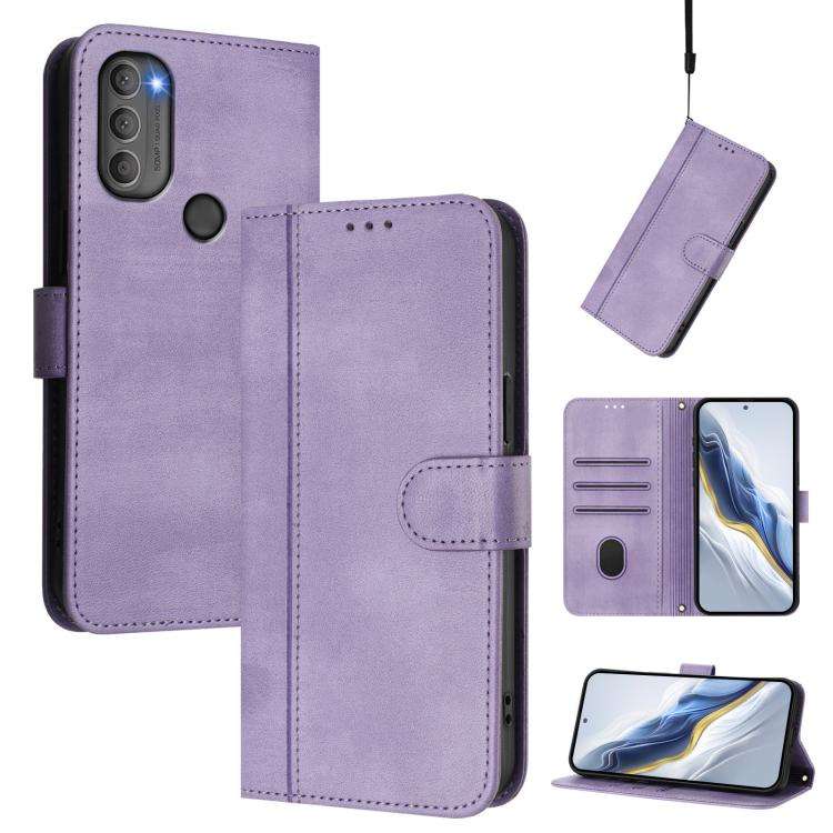 For Motorola Moto G71 5G Line Splicing Buckle Retro Leather Phone Case(Purple)