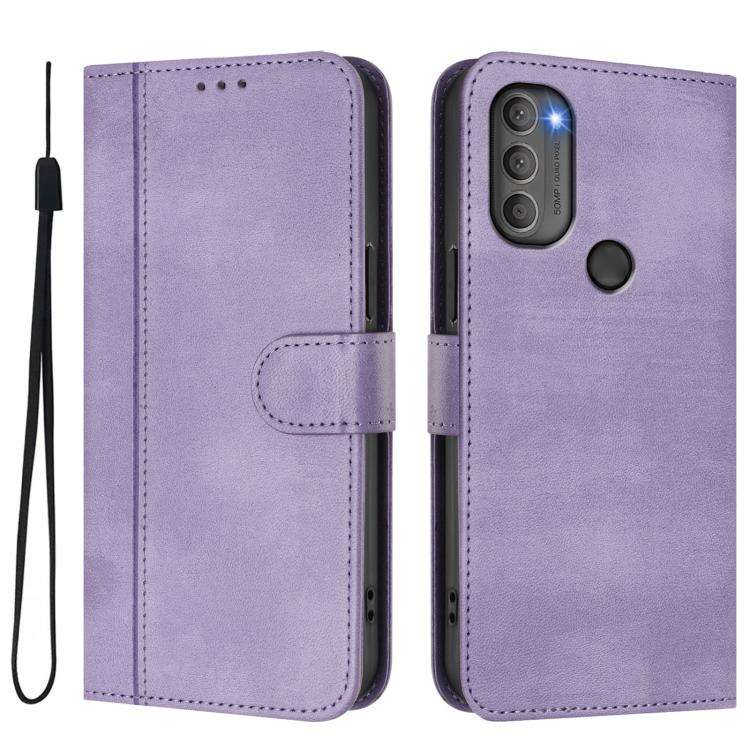 For Motorola Moto G71 5G Line Splicing Buckle Retro Leather Phone Case(Purple)