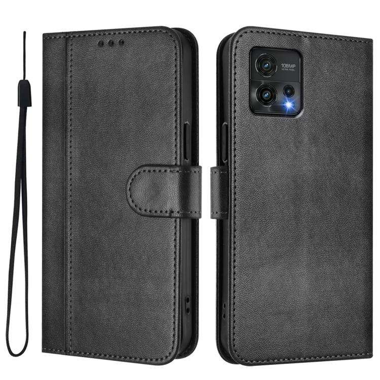 For Motorola Moto G72 Line Splicing Buckle Retro Leather Phone Case(Black)