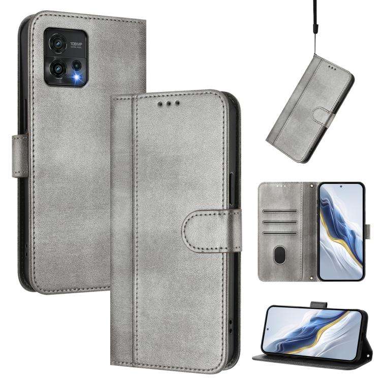 For Motorola Moto G72 Line Splicing Buckle Retro Leather Phone Case(Grey)