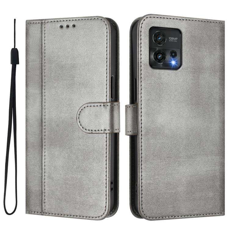 For Motorola Moto G72 Line Splicing Buckle Retro Leather Phone Case(Grey)