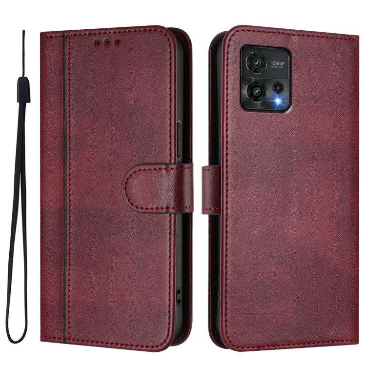 For Motorola Moto G72 Line Splicing Buckle Retro Leather Phone Case(Wine Red)