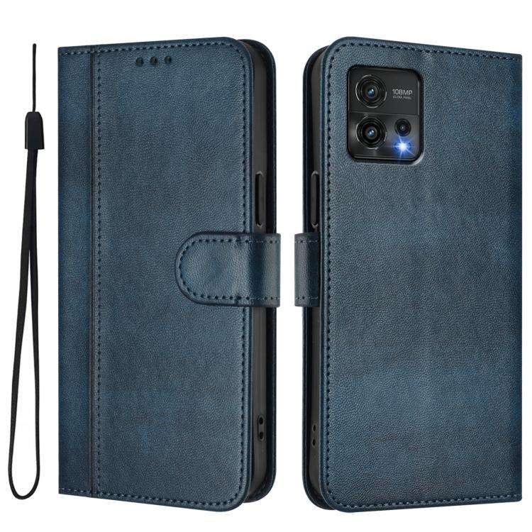 For Motorola Moto G72 Line Splicing Buckle Retro Leather Phone Case(Dark Blue)