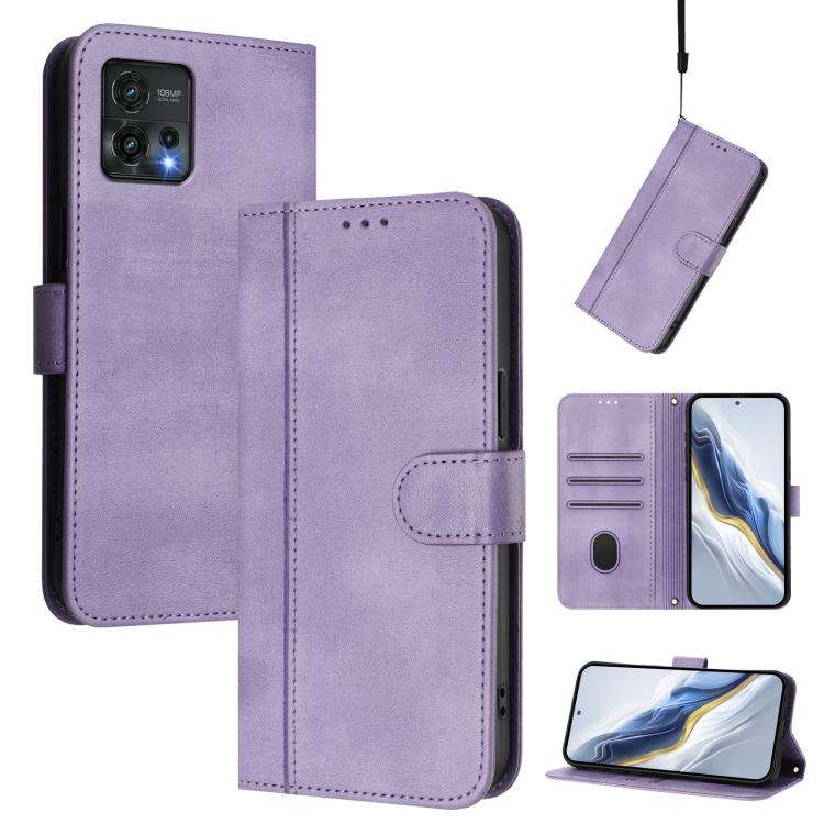 For Motorola Moto G72 Line Splicing Buckle Retro Leather Phone Case(Purple)