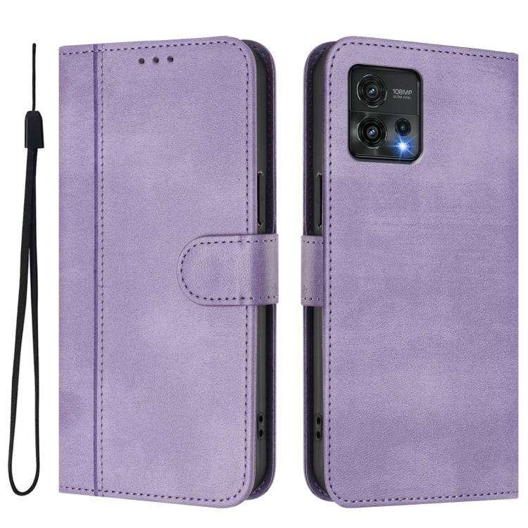 For Motorola Moto G72 Line Splicing Buckle Retro Leather Phone Case(Purple)