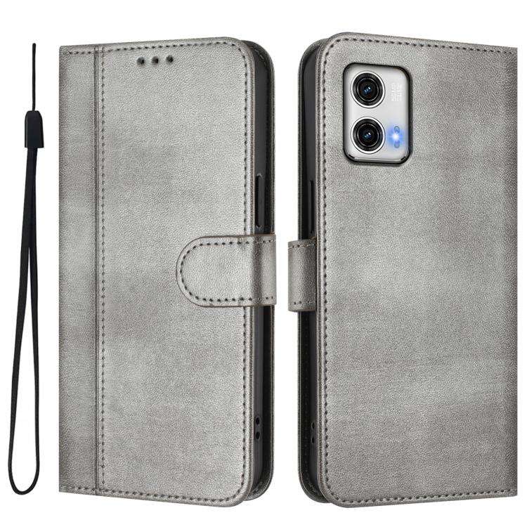 For Motorola Moto G73 5G Line Splicing Buckle Retro Leather Phone Case(Grey)