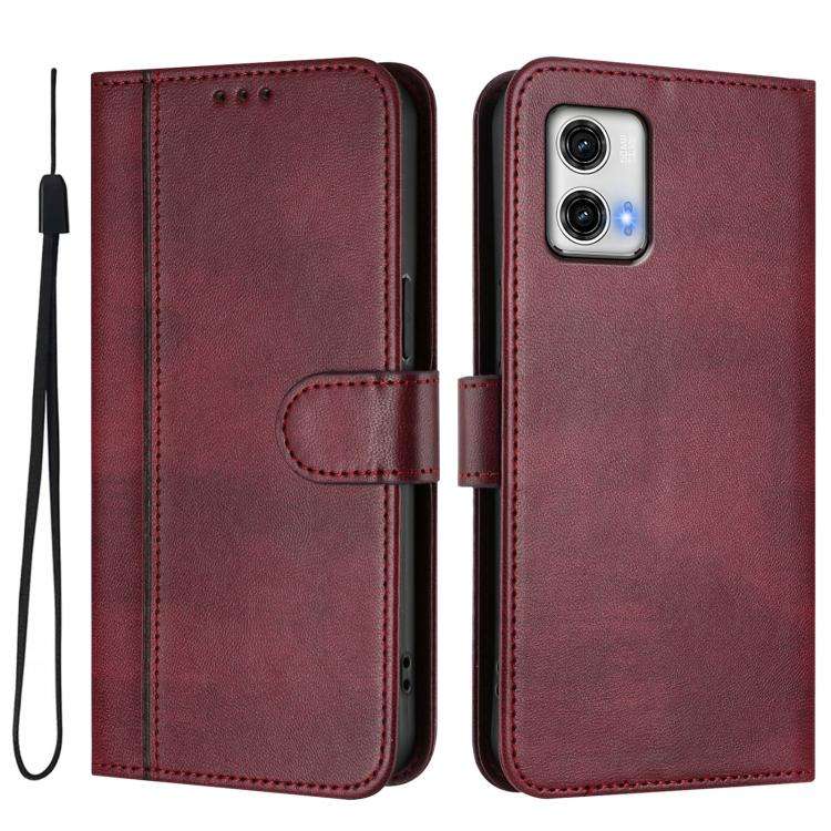 For Motorola Moto G73 5G Line Splicing Buckle Retro Leather Phone Case(Wine Red)