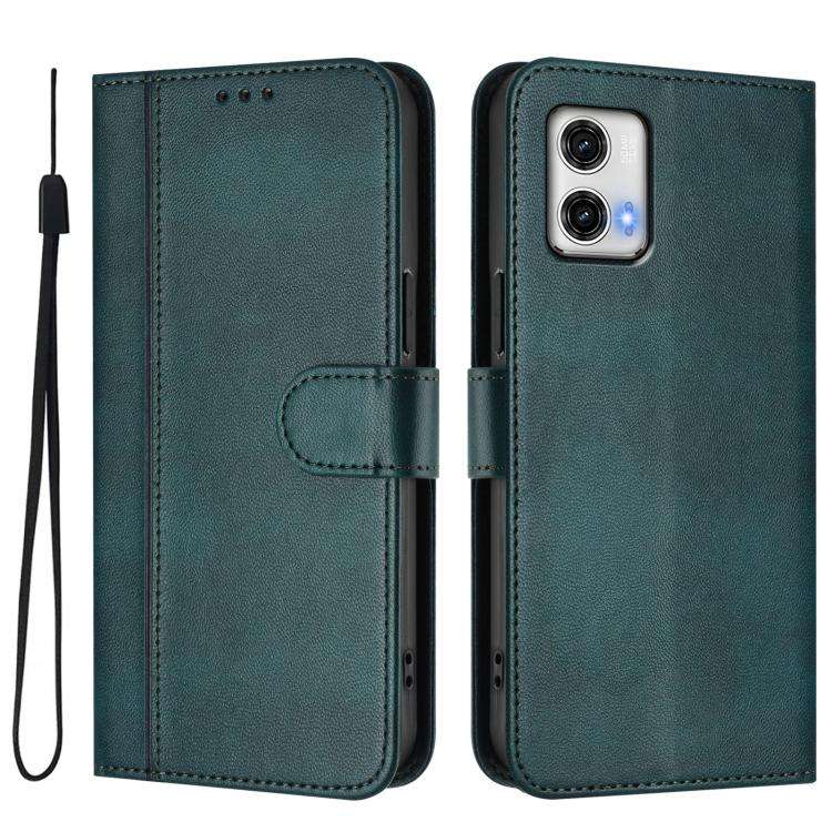 For Motorola Moto G73 5G Line Splicing Buckle Retro Leather Phone Case(Dark Green)