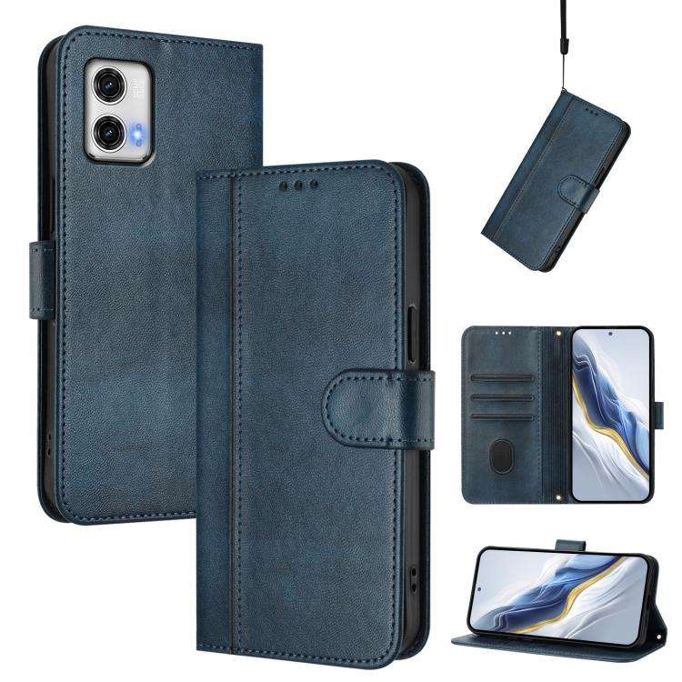For Motorola Moto G73 5G Line Splicing Buckle Retro Leather Phone Case(Dark Blue)