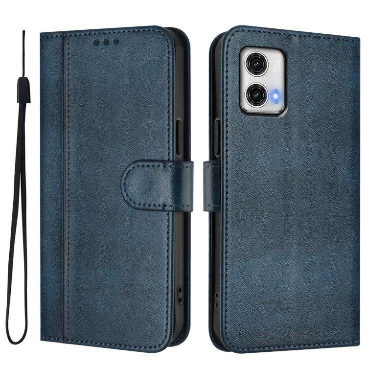For Motorola Moto G73 5G Line Splicing Buckle Retro Leather Phone Case(Dark Blue)
