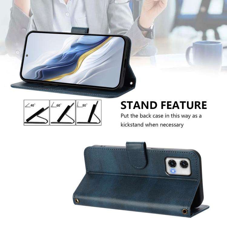 For Motorola Moto G73 5G Line Splicing Buckle Retro Leather Phone Case(Dark Blue)