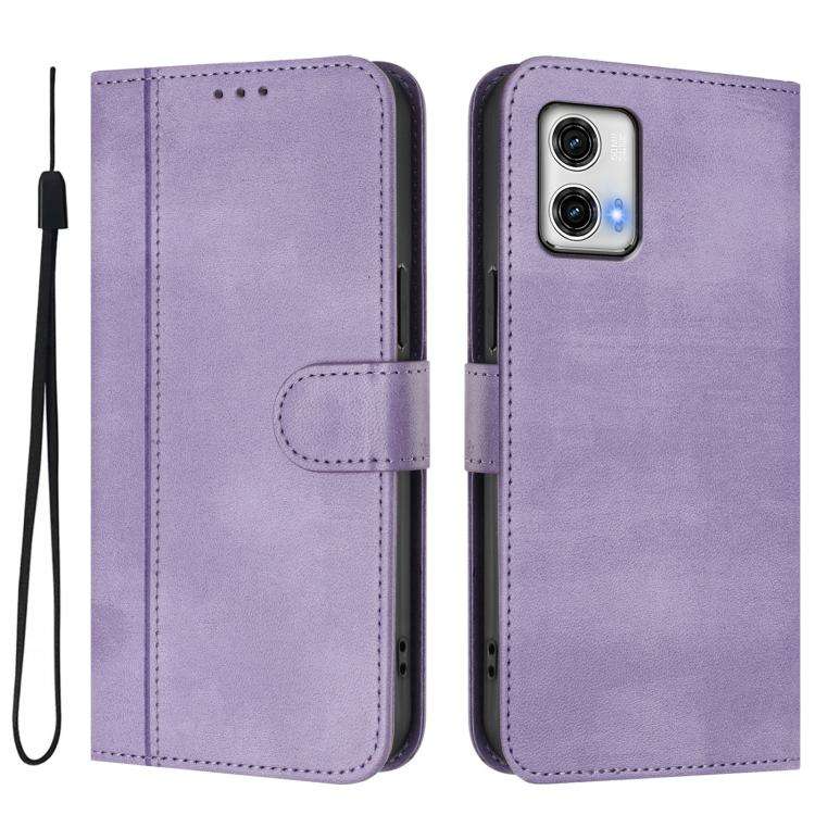 For Motorola Moto G73 5G Line Splicing Buckle Retro Leather Phone Case(Purple)