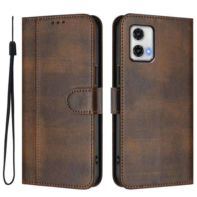 For Motorola Moto G73 5G Line Splicing Buckle Retro Leather Phone Case(Brown)