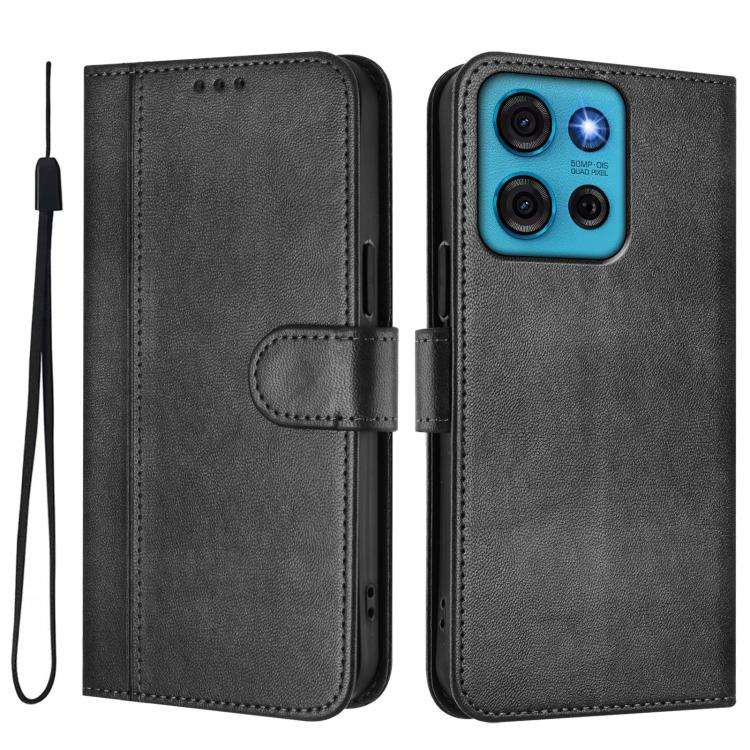 For Motorola Moto G75 5G Line Splicing Buckle Retro Leather Phone Case(Black)