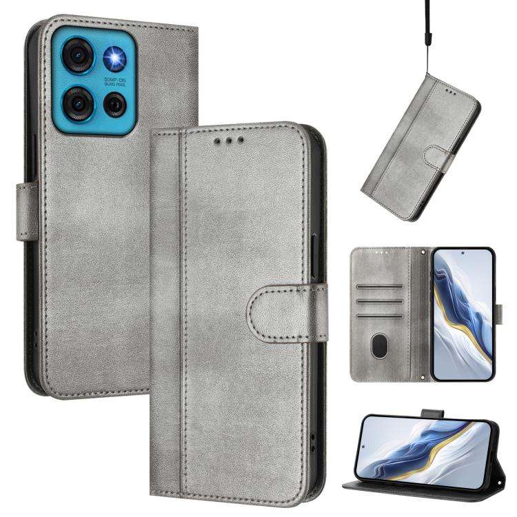 For Motorola Moto G75 5G Line Splicing Buckle Retro Leather Phone Case(Grey)