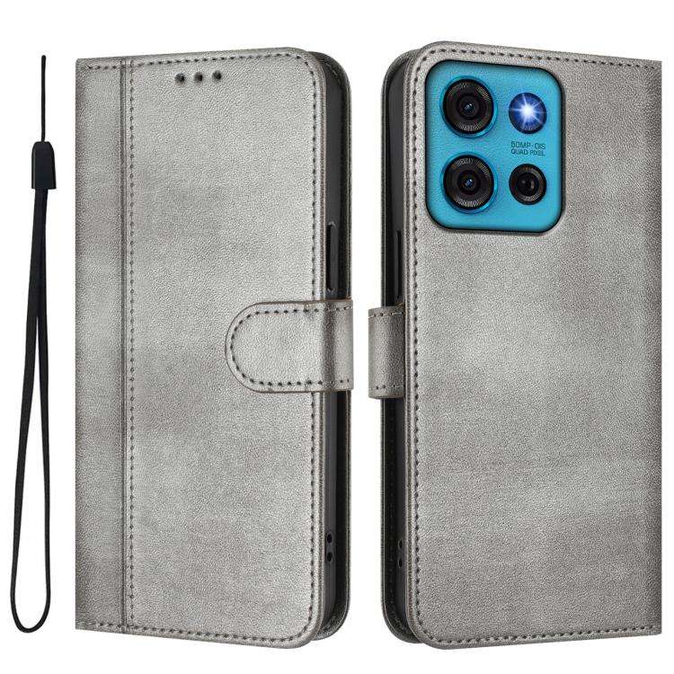 For Motorola Moto G75 5G Line Splicing Buckle Retro Leather Phone Case(Grey)