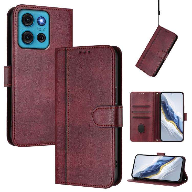 For Motorola Moto G75 5G Line Splicing Buckle Retro Leather Phone Case(Wine Red)