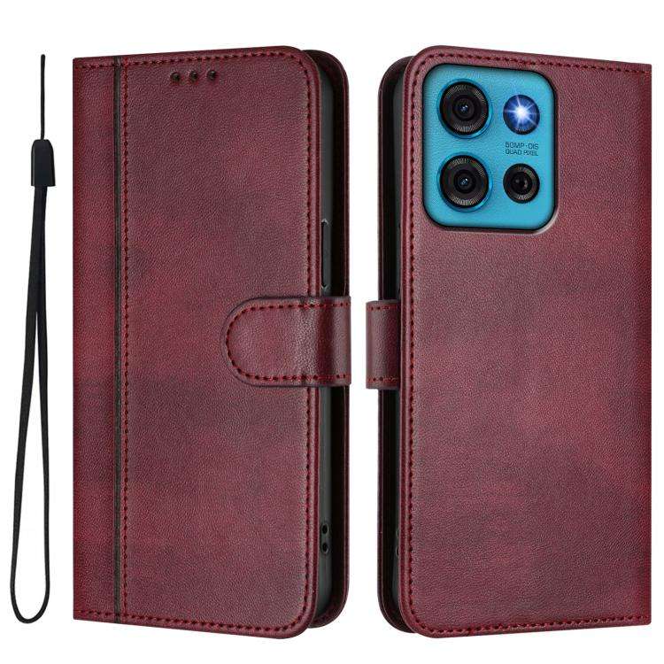 For Motorola Moto G75 5G Line Splicing Buckle Retro Leather Phone Case(Wine Red)