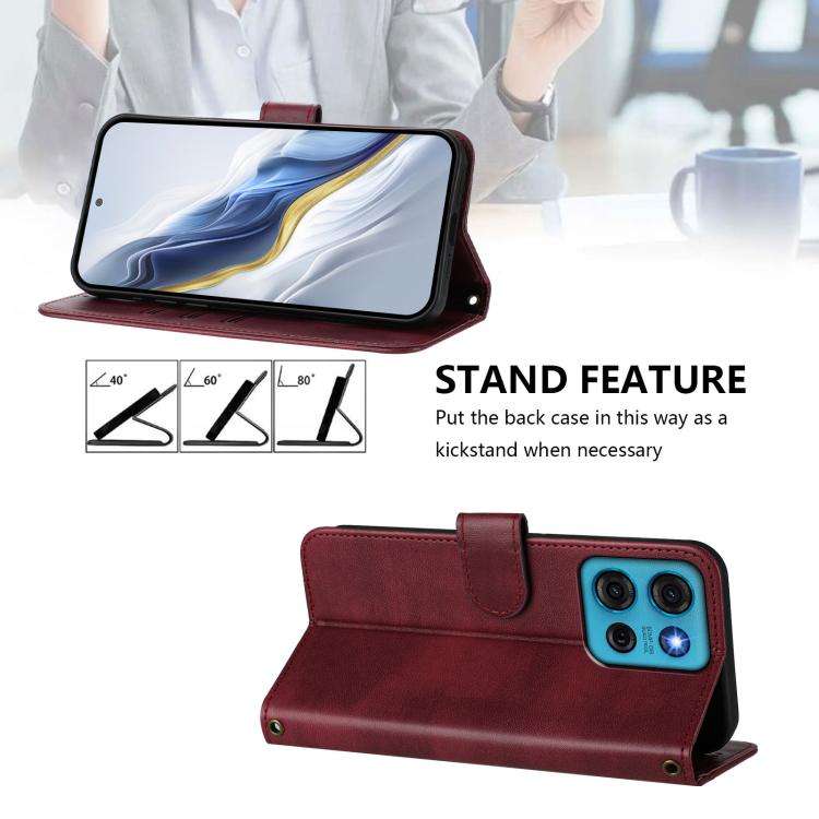For Motorola Moto G75 5G Line Splicing Buckle Retro Leather Phone Case(Wine Red)