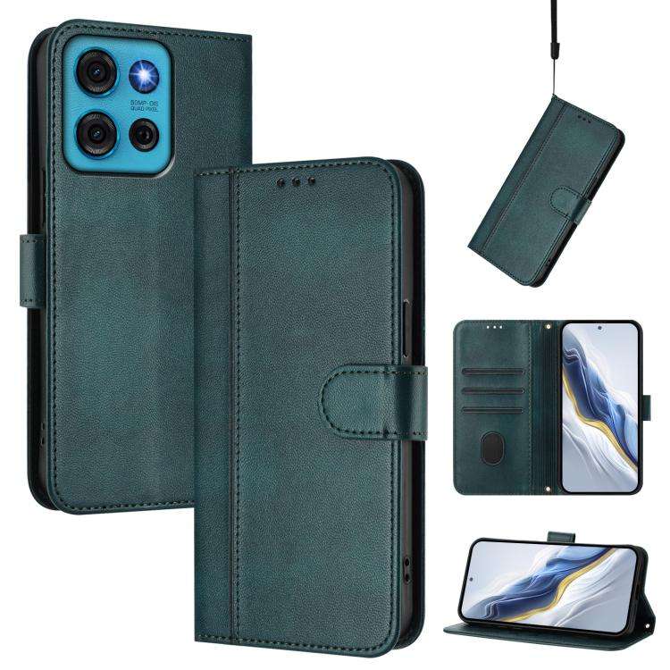 For Motorola Moto G75 5G Line Splicing Buckle Retro Leather Phone Case(Dark Green)