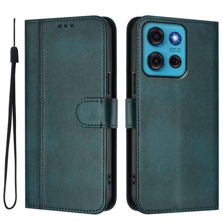 For Motorola Moto G75 5G Line Splicing Buckle Retro Leather Phone Case(Dark Green)