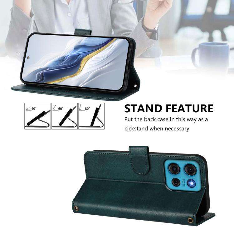 For Motorola Moto G75 5G Line Splicing Buckle Retro Leather Phone Case(Dark Green)