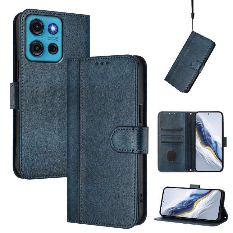 For Motorola Moto G75 5G Line Splicing Buckle Retro Leather Phone Case(Dark Blue)