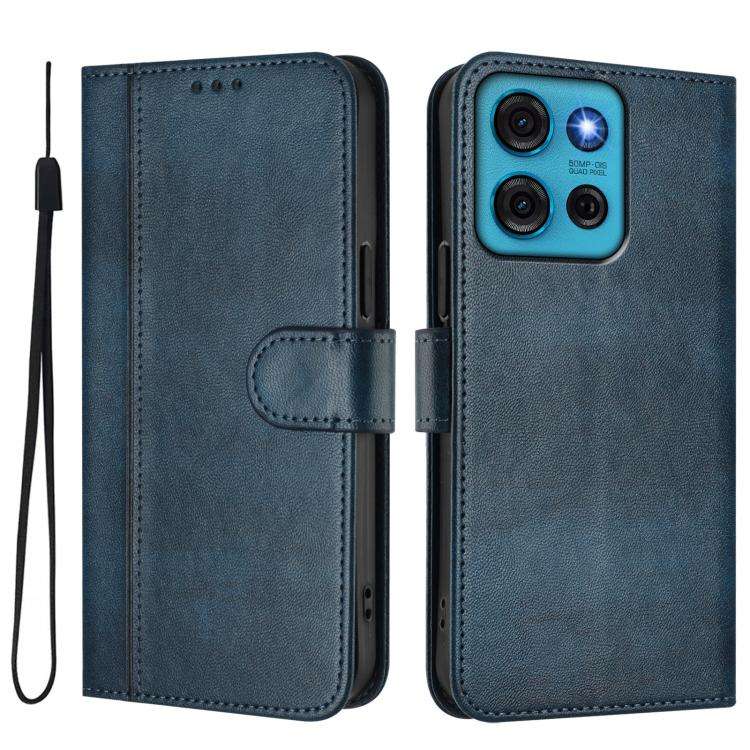 For Motorola Moto G75 5G Line Splicing Buckle Retro Leather Phone Case(Dark Blue)