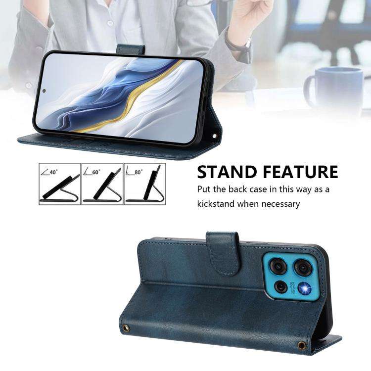 For Motorola Moto G75 5G Line Splicing Buckle Retro Leather Phone Case(Dark Blue)