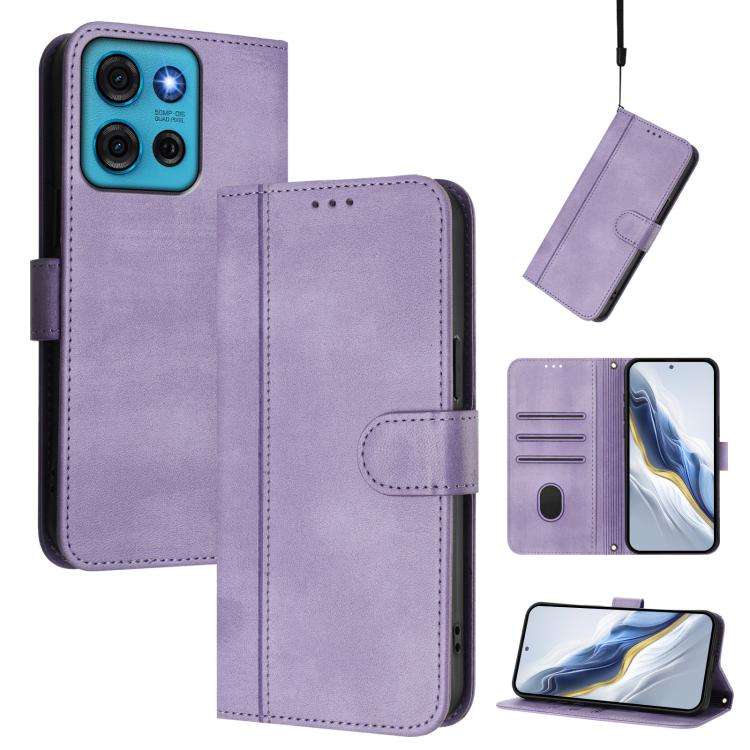 For Motorola Moto G75 5G Line Splicing Buckle Retro Leather Phone Case(Purple)