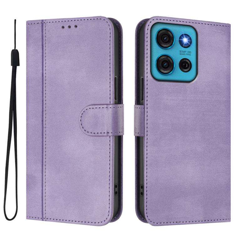 For Motorola Moto G75 5G Line Splicing Buckle Retro Leather Phone Case(Purple)
