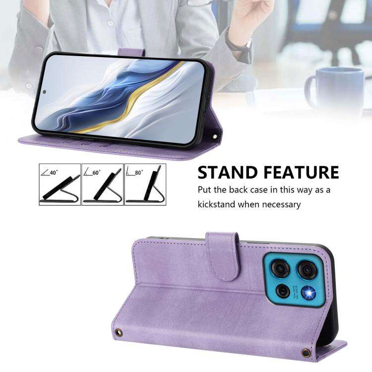 For Motorola Moto G75 5G Line Splicing Buckle Retro Leather Phone Case(Purple)