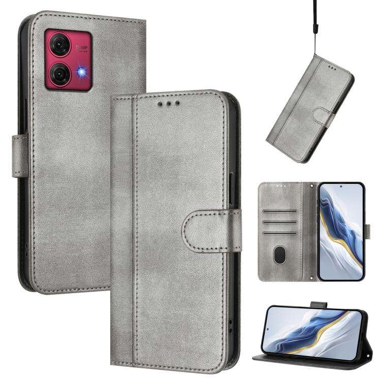 For Motorola Moto G84 5G Line Splicing Buckle Retro Leather Phone Case(Grey)