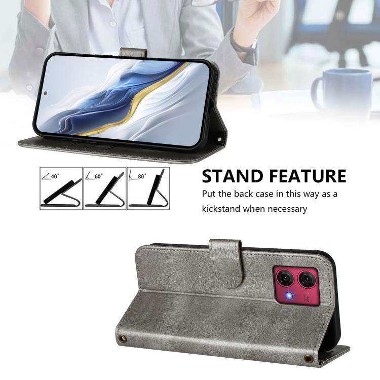 For Motorola Moto G84 5G Line Splicing Buckle Retro Leather Phone Case(Grey)