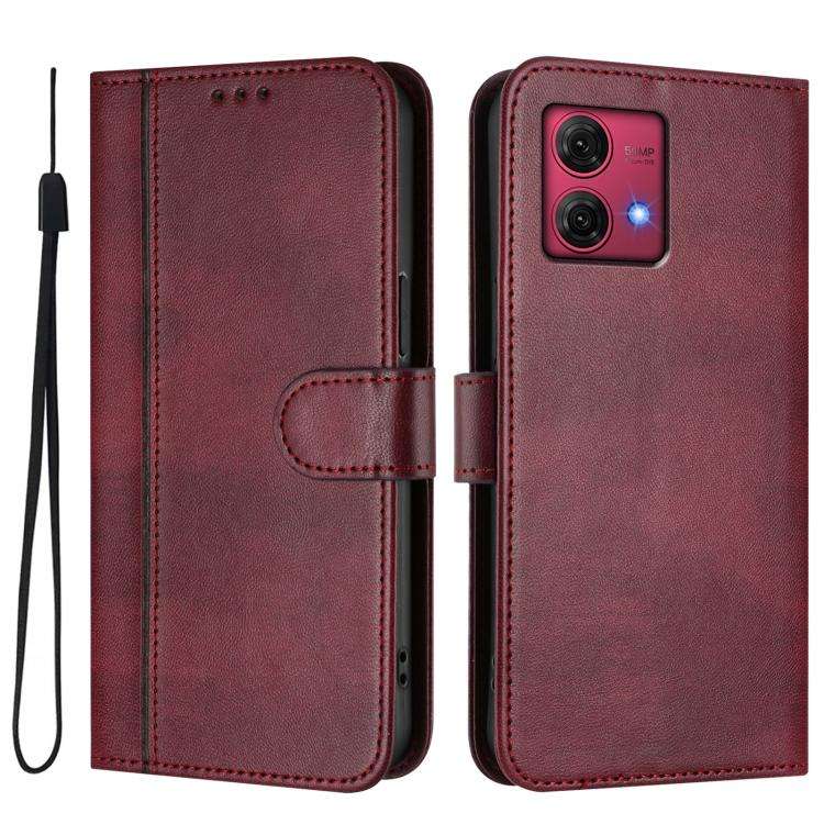 For Motorola Moto G84 5G Line Splicing Buckle Retro Leather Phone Case(Wine Red)