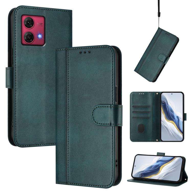 For Motorola Moto G84 5G Line Splicing Buckle Retro Leather Phone Case(Dark Green)