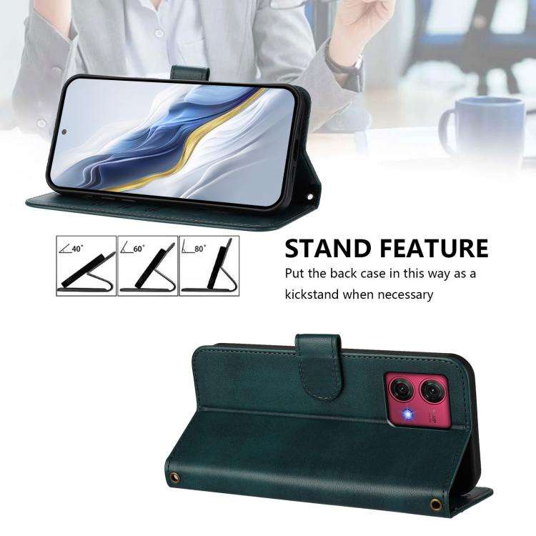 For Motorola Moto G84 5G Line Splicing Buckle Retro Leather Phone Case(Dark Green)