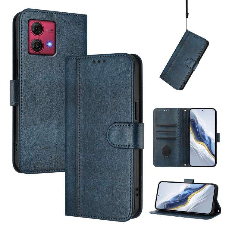 For Motorola Moto G84 5G Line Splicing Buckle Retro Leather Phone Case(Dark Blue)