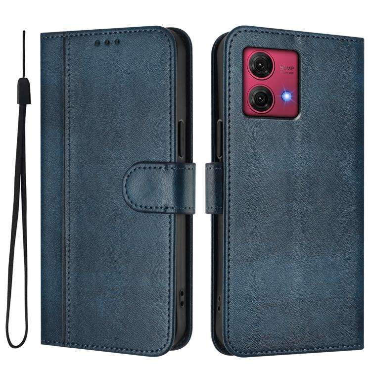 For Motorola Moto G84 5G Line Splicing Buckle Retro Leather Phone Case(Dark Blue)