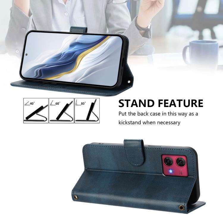 For Motorola Moto G84 5G Line Splicing Buckle Retro Leather Phone Case(Dark Blue)