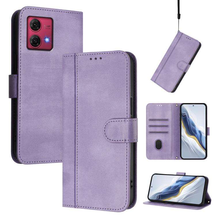 For Motorola Moto G84 5G Line Splicing Buckle Retro Leather Phone Case(Purple)