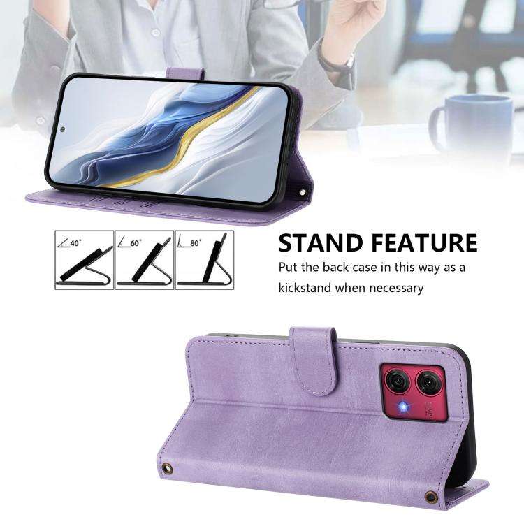 For Motorola Moto G84 5G Line Splicing Buckle Retro Leather Phone Case(Purple)