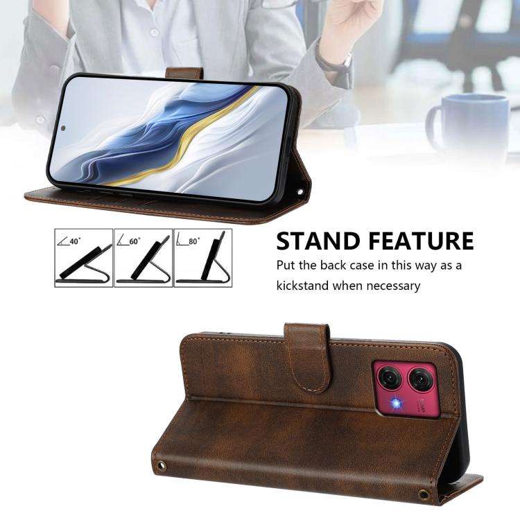 For Motorola Moto G84 5G Line Splicing Buckle Retro Leather Phone Case(Brown)