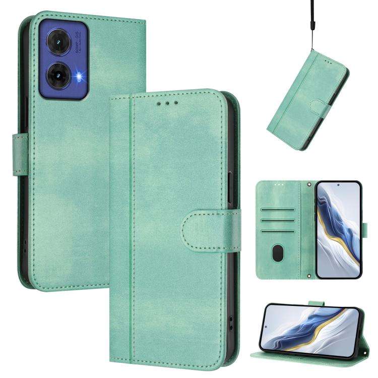 For Motorola Moto G85 5G Line Splicing Buckle Retro Leather Phone Case(Mint)