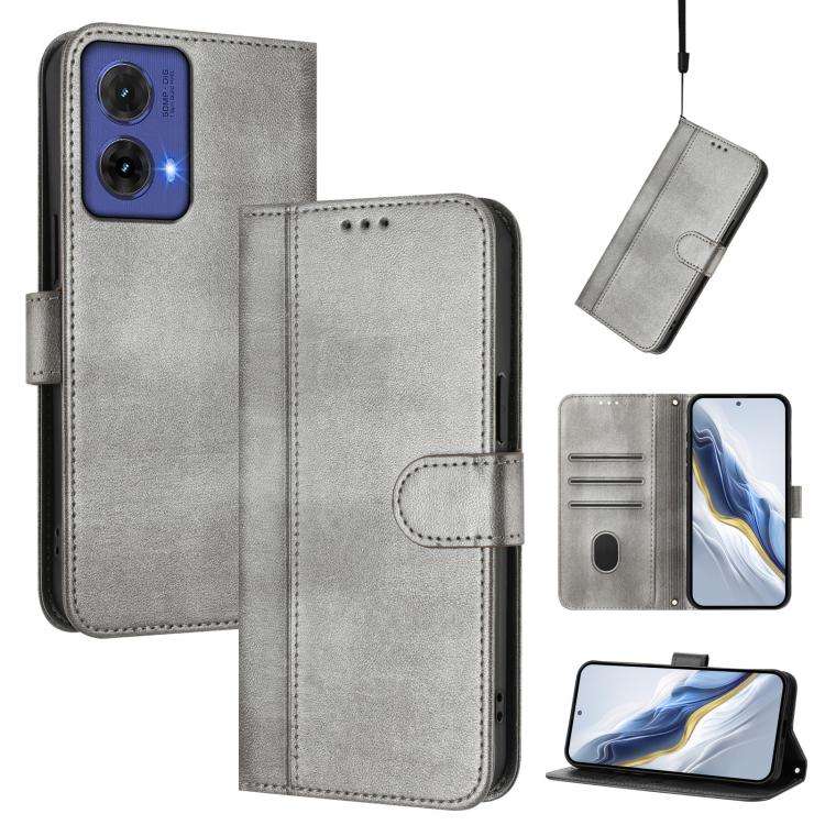 For Motorola Moto G85 5G Line Splicing Buckle Retro Leather Phone Case(Grey)