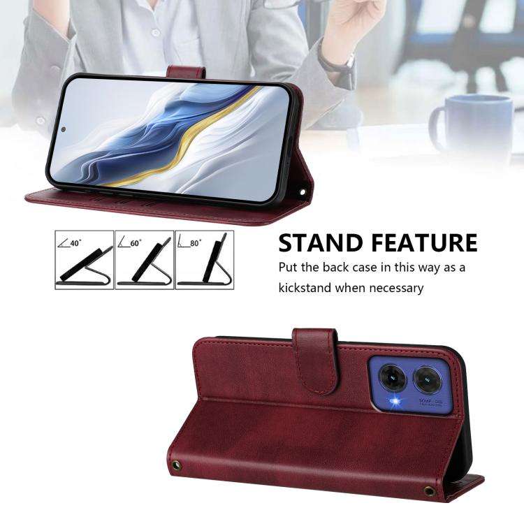 For Motorola Moto G85 5G Line Splicing Buckle Retro Leather Phone Case(Wine Red)